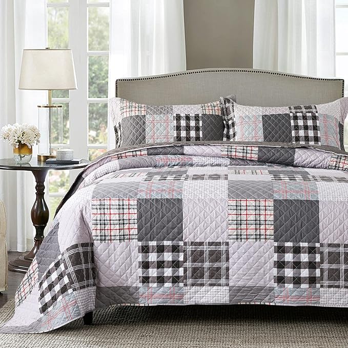 Travan Quilt Set 3-Piece Oversized Quilted Bedspread Coverlet Set Grey European British Grid Patchwork Bedding Set, Queen Size