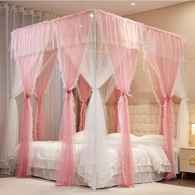 4 Corners Post Princess Curtains Bed Canopy for Girls 8 Panels Curtain- Double Layer Sheer Mesh Canopies Drapes Girls Room Decor (8P-Pink/White, 4P(43"x82") W+4P(43"x82") L/(King))