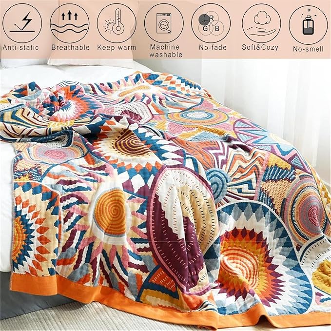Cotton Throw Blanket for Couch 100% Cotton Blankets for Bed, 90''x 98'' Cotton Quilted Blanket King Size Muslin Mexican Blanket Cozy Soft for Women