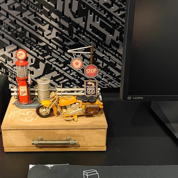 Route 66 Desk Table Decor Gas Station Model Miniature Storage Box Decoration Vintage Gas Pump Motorcycle Model Organizer Drawers Jewelry Box Ring Trinket Case Cabinet Retro Home Decor