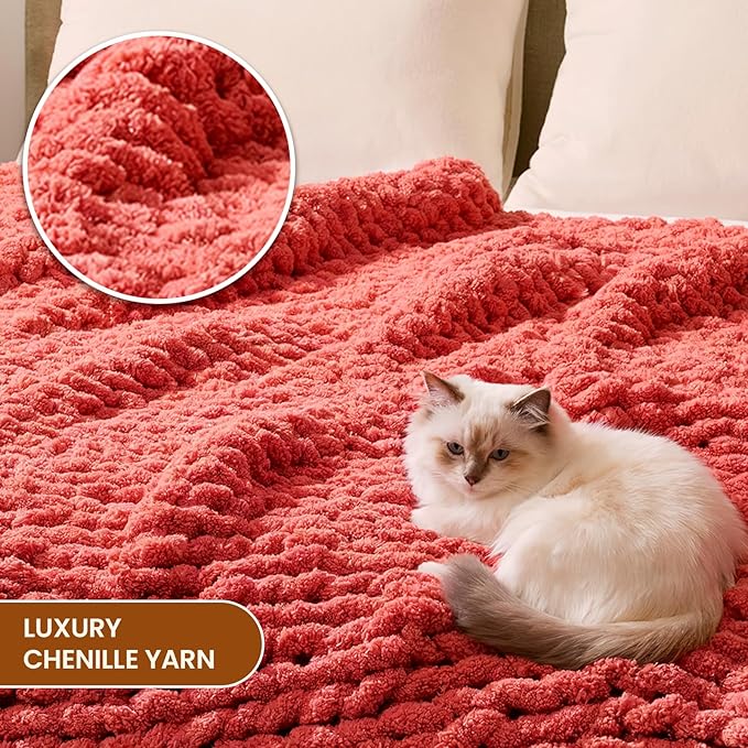 L'AGRATY Chunky Knit Blanket Throw: 50''x60'' Chenille Chunky Knitted Throw Blankets for Bed Couch - Handmade Thick Cable Knit Blanket - Large Crochet Rope Blankets for Home Decor(Coral Pink)
