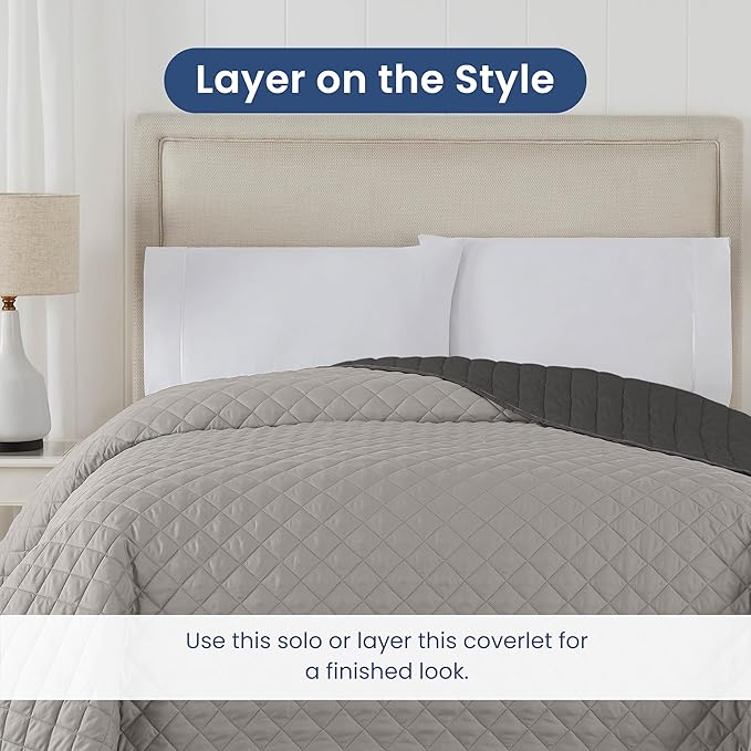 Martex Reversible Coverlet – King Bed Quilt – Lightweight King Size Bedding – Durable King Size Quilts for Bed – Soft - Easy Care Bedding – Light Gray/Graphite