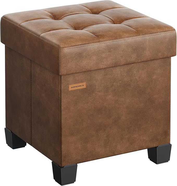 SONGMICS Storage Ottoman, Cube Ottoman with Legs, 15 x 15 x 15.7 Inches, Footstool, Footrest, 10 Gal. (37 L), Synthetic Leather, for Bedroom, Living Room, Dorm, Coffee Brown ULSF0512K03