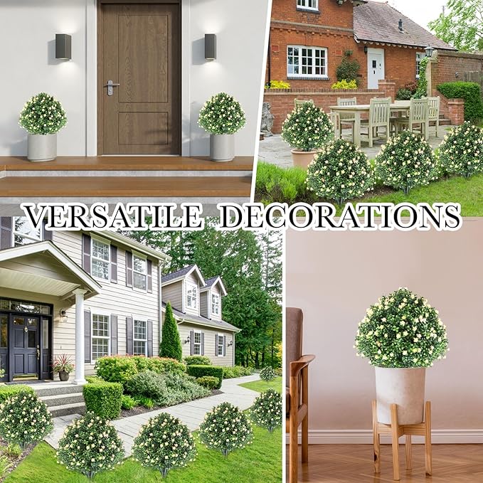 Yunlly Set of 2 Artificial Boxwood Topiary Ball Tree Fake Bushes Shrubs Outdoor Faux Plant with Ground Spike Flowers UV Resistance Greenery for Front Porch Garden Patio Indoor(Light Yellow,27x18inch)