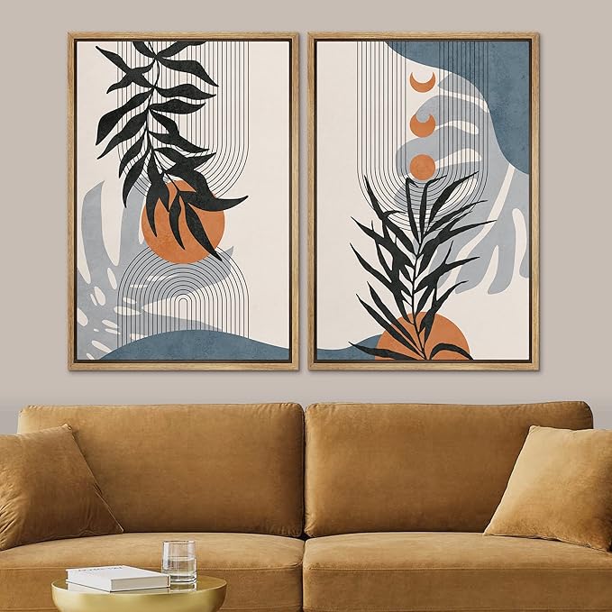 SIGNFORD Framed Canvas Print Wall Art Forest Plant Silhouettes & Mid-Century Symbols Abstract Shapes Illustrations Modern Boho Nature Chic for Living Room, Bedroom, Office - 24"x36"x2 Natural