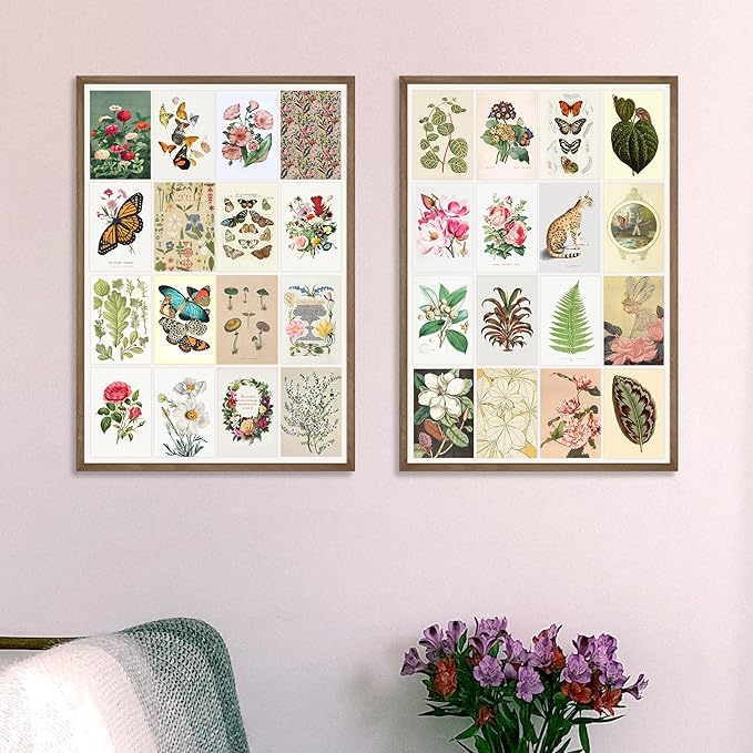 Artivo Wall Collage Kit Aesthetic Pictures, Vintage Wall Collage Kit 100 set 4x6, Bedroom Decor for Teen Girls, Botanical Flower Collage Kit for Wall Aesthetic Posters, Photo Collection