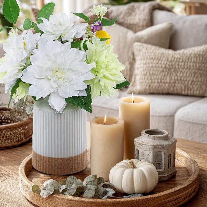 Fake Flower with Vase,White Silk Dahlia Artificial Flowers in Modern Ceramics Vase for Home Bathroom Office Desk Party Centerpiece Coffee Table Decor