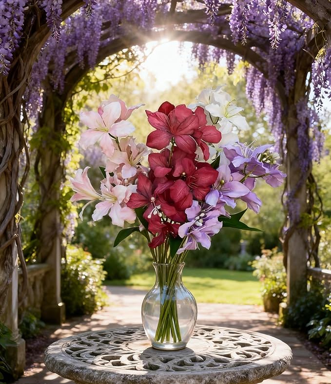 10-Bud Artificial Lily Flowers, 4 Pcs Fake Outdoor Flowers, UV Resistant Faux Flowers for Outdoor Planters, Silk Flowers for Wedding Decoration (Mixed)