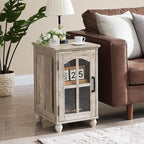 Farmhouse End Table Set of 2 with Charging Station, 18'' Narrow Side Table and 24" Large Sofa Table with Glass Barn Door Storage, Wood Night Stand Bedside Cabinet for Living Room,Bedroom