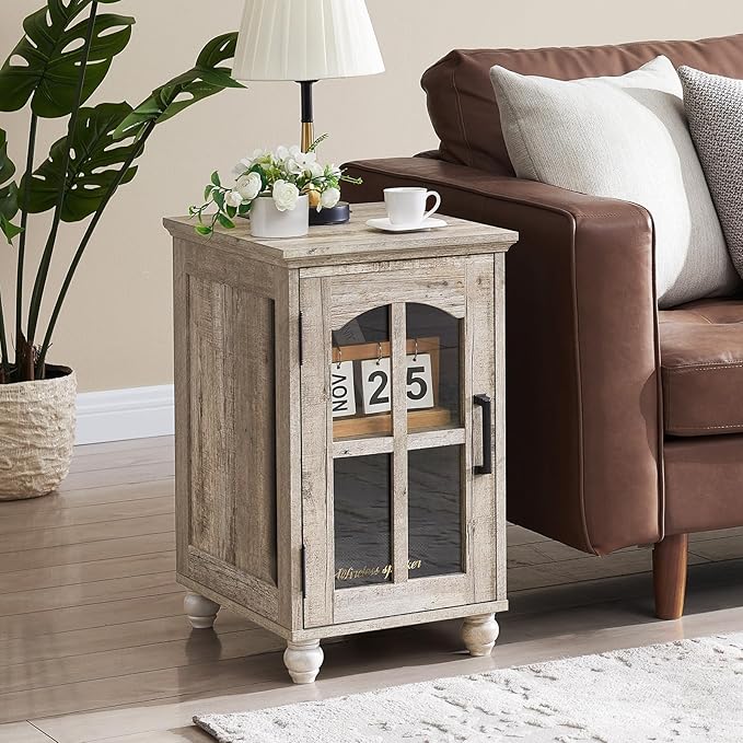 Farmhouse End Table Set of 2 with Charging Station, 18'' Narrow Side Table and 24" Large Sofa Table with Glass Barn Door Storage, Wood Night Stand Bedside Cabinet for Living Room,Bedroom
