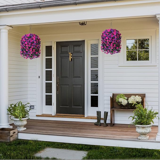 Artificial Fake Fall Hanging Plants Flowers for Outdoor 2 PCS Faux Silk Morning Glory Vines Stems UV Resistant for Wall Home Porch Patio Party Wedding Decor (Dark Purple and Fuchsia)