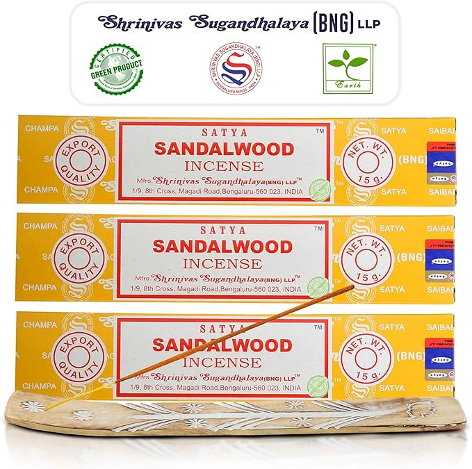 Satya Nagchampa Sandalwood Incense Sticks, Satya Bng (Bangalore) Insenses 15gmx3 Pack (45 GMS) with Raajsee Incense Holder Bundle, Satya Nagchampa Natural Incense