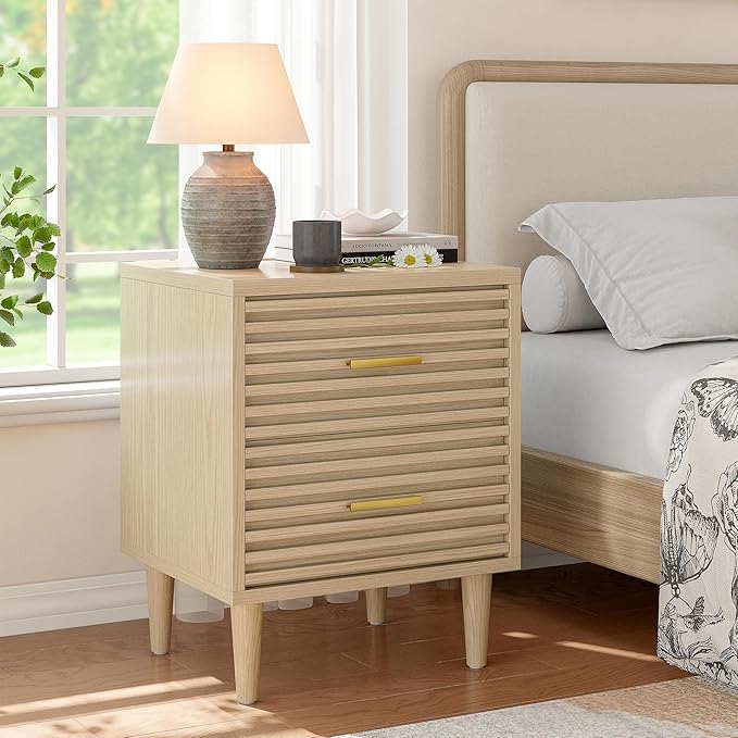 Alohappy Nightstand, Bedside Table for Bedroom, End Table with 2 Drawers, Mid Century Modern Side Table with Storage Bed Side Table Vintage Furniture Wood Accent Table for Living Room, Oak 1pc
