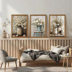 DUWQU 3 Piece Framed Elegant Farmhouse Canvas Wall Art, Vintage Floral Pictures Art Wall Decor, Nature Themed Daisy Art Prints for Living Room Bedroom Kitchen and Office Ready to Hang 16×24 Inches