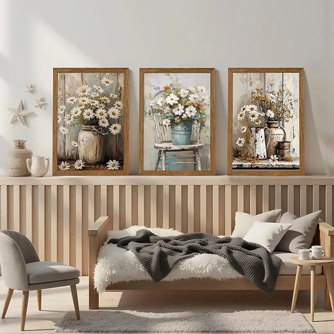 DUWQU 3 Piece Framed Elegant Farmhouse Canvas Wall Art, Vintage Floral Pictures Art Wall Decor, Nature Themed Daisy Art Prints for Living Room Bedroom Kitchen and Office Ready to Hang 12×16 Inches