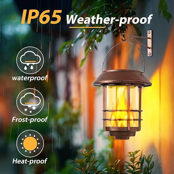 Otdair Solar Wall Lantern Outdoor, Flickering Flames Solar Sconce Lights Outdoor, Hanging Lamps Wall Mount for Front Porch, Patio and Yard, 2 Pack, Bronze