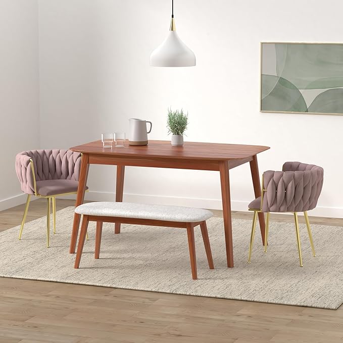 Nrizc Woven Dining Chairs Set of 4, Velvet Upholstered Dining Chairs with Gold Metal Legs, Modern Accent Chairs for Living Room, Dining Room, Kitchen (Pink)