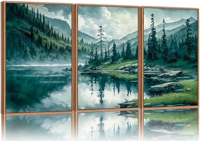 Tinonedraw Large Nature Forest Framed Canvas Wall Art Set, Boho Mountains Calming Lake Wall Decor, Green Pine Trees Artwork, Northern Wilderness Art Painting for Living Room Bedroom Office 24"x36"x3
