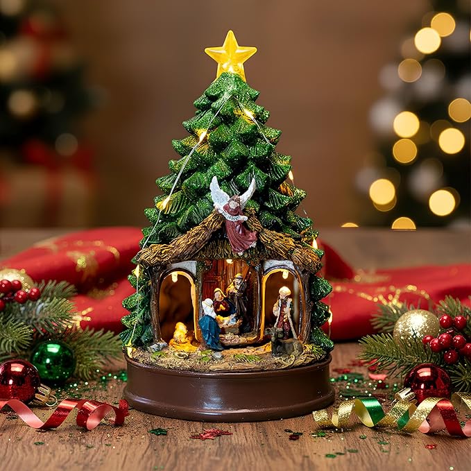 Christmas Tree Animated Ratating Manger Nativity Scene, Musical Angel Holy Family Figurines LED Light Play Silent Night Music, Xmas Decor Gift, Tabletop Decorative Holiday Home Decorations