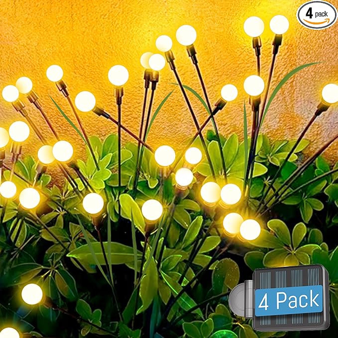 luckystyle Solar Garden Lights 4 Pack,2 Lighting Modes Fairy Lights with Artificial Green Leaves & Branches,32 LED Big Bulb Solar Lights Outdoor Waterproof Firefly Light for Yard Pathway Patio Decor