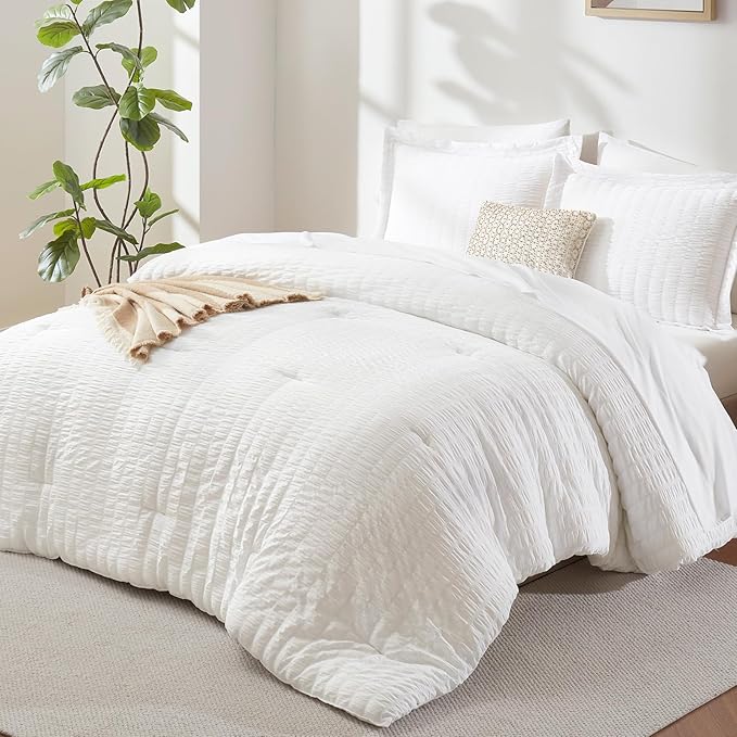 CozyLux Full Size Comforter Sets with Sheets 7 Pieces, White Seersucker Bed in a Bag Textured Luxury Soft Bedding Set with Down Alternative Comforter, Sheets, Pillowcases & Shams for All Seasons
