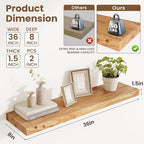 Floating Shelves, 8" Deep Rustic Solid Elm Wood Wall Mounted Floating Shelves, Wall Shelves with Invisible Bracket for Living Room Bathroom Bedroom Kitchen, 36 Inch Set of 2, Natural