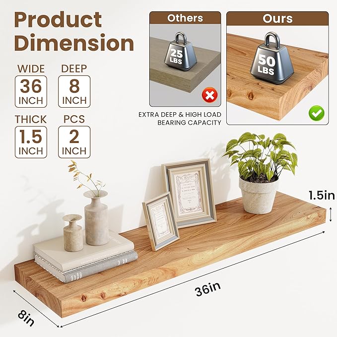 Floating Shelves, 8" Deep Rustic Solid Elm Wood Wall Mounted Floating Shelves, Wall Shelves with Invisible Bracket for Living Room Bathroom Bedroom Kitchen, 36 Inch Set of 2, Natural