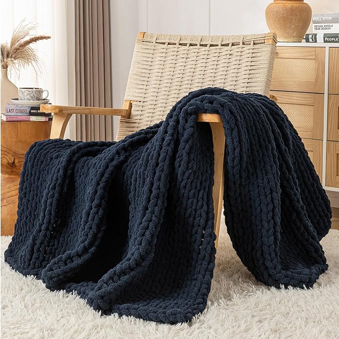 Chunky Knit Blanket Throw, 100% Hand Knit Throw Blanket Handmade Chenille Cable Knit Throw for Couch, Stylish Cozy Soft Rope Knot Crochet Blanket for Home Decor, Navy Blue, 50x60 Inches