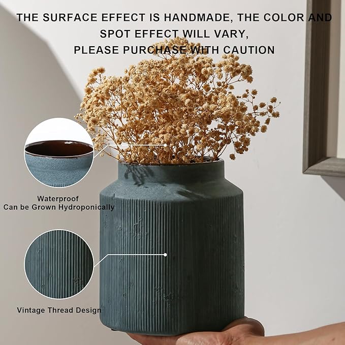 Farmhouse Vase for Home Decor, Vintage Rustic Terracotta Flower Vase Suitable for Home Decor, Living Room, Shelf, Dining Table. 7IN. Blue