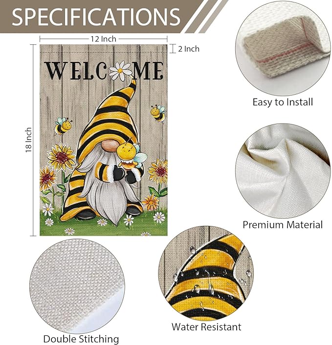 Welcome Summer Gnome Garden Flag Spring Summer Bee Sunflower Yard Flag 12x18 Double Sided Burlap Daisy House Flag for Rustic Seasonal Outside Outdoor House Decoration (ONLY FLAG)