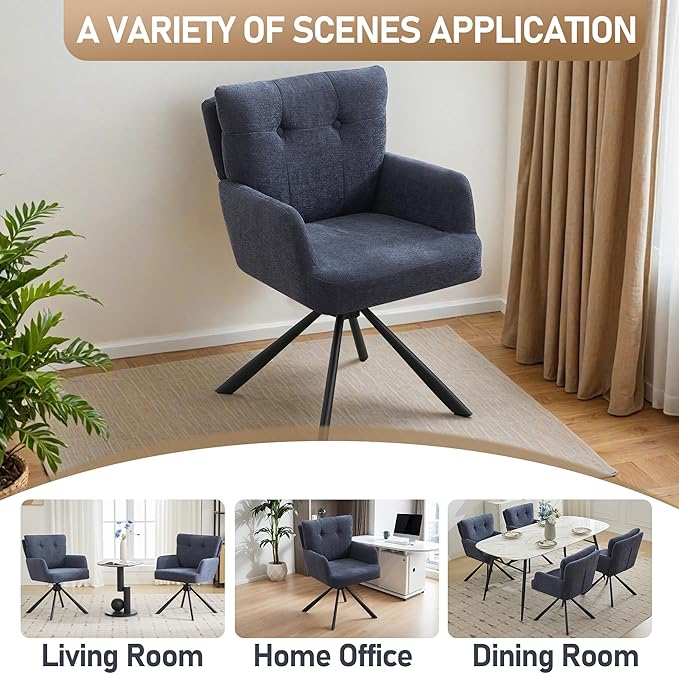 Fabric Dining Chair Set of 2 Modern Upholstered Swivel Dining Room Chairs Comfy Accent Armchair with Mid Back, Desk Arm Chair No Wheels for Kitchen/Living Room/Dining Room, Navy
