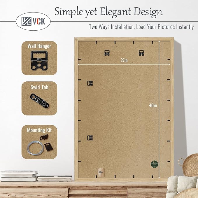 VCK 27x40 Oak Poster Frame 3 Pack, Natural Solid Wood Picture Frames, Wall Gallery Frame