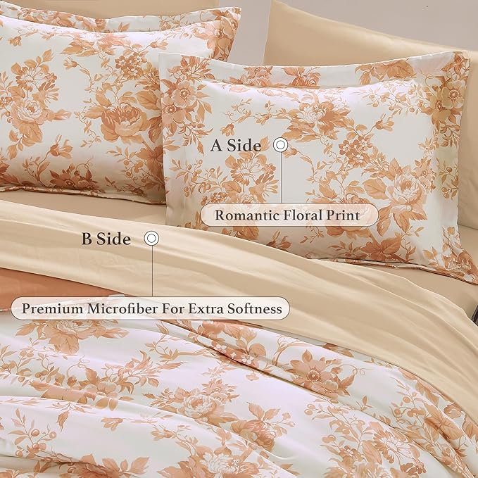 Full Comforter Set -7 Pieces Autumn Leaf Floral Comforter Set for All Seasons, Bed in a Bag Full with Botanical Flowers Comforter, Sheets, Pillowcases & Shams
