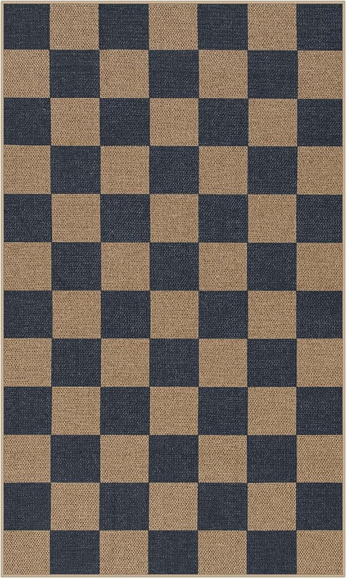 Lahome Checkered Easy Jute Indoor Outdoor Carpet, 3x5 Washable Rugs for Entryway Living Room Farmhouse Area Rug, Non Slip Blue Checkerboard Indoor Door Mat for Entry Patio Deck