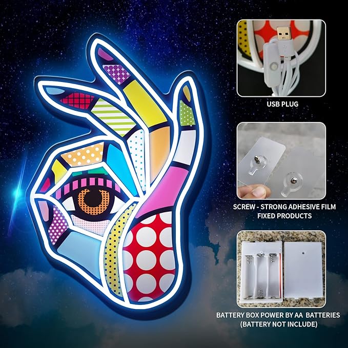 POP LED Neon Sign, Battery & USB Operated - Okay Neon Sign Wall Decor, Hands Off Home, Bedroom Decoration