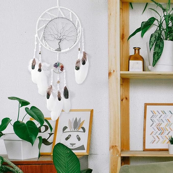 7 Chakras Tree of Life Dream Catcher Wall Decor with Rainbow Healing Crystal Stone Handmade White Feather DreamCatchers Wall Hanging Ornaments for Bedroom Home Decor Blessing Gift Wedding Party -22"