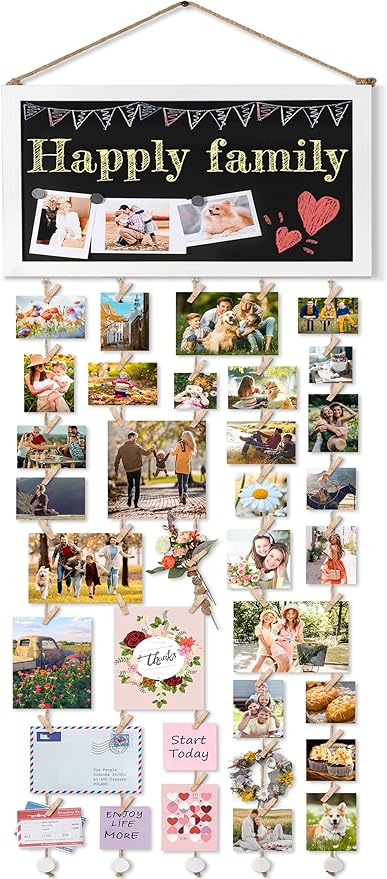 Bikoney Large Picture Board Picture Frames Collage Photo Hanging Display Wood Rustic Frames for Wall Decor and Dorm Room Decor with Blackboard Self Adhesive Hooks No Holes Drilling
