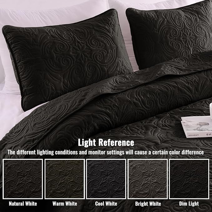 Exclusivo Mezcla Quilts King Size Bedspread with 2 Pillow Shams, Lightweight Black King Quilt Bedding Set with Vintage Damask Pattern, Soft Bedspreads Coverlets for All Seasons