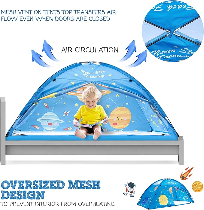 Outer Space Twin Bed Tent for Kids Indoor Fort - Magical Dream Tents for Boys Pop Up Toddler Bed Canopy for Girls Bunk Bed Tent for Top Bunk - Sensory Sleep Pod for Kids Educational