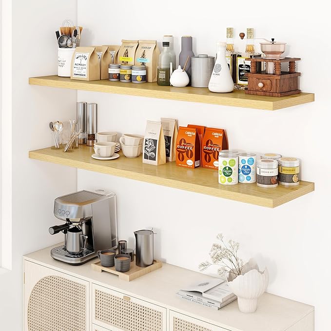 Dreamland 55" Floating Shelves for Wall, 12" Deep Slim Oak Floating Shelves, Wall-Mounted Shelves for Bedroom, Living Room, Kitchen, Bathroom - Set of 2