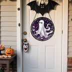 Stained Glass Window Hanging - Halloween Decorations White Ghost Purple Stars Suncatcher for Doors Garden Spooky Funny Sun Catchers Gothic Decor Horror Gifts for Women Men Friend 11.8 in