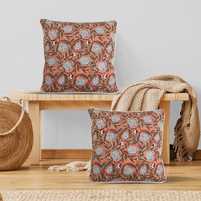 Ridhi Dark Salmon Pink Block Print Cotton Canvas Throw Pillow Covers for Decorative Couch Pillows for Living Room, Chic Boho Cute Outdoor Valentine Pillows Covers Gifts 20x20 Inches