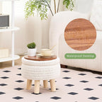 Wimarsbon Pouf Ottoman, 100% Cotton Knitted Boho Footstool, Round Footrest with Non-Skid Wood Legs, Home Décor Handmade Pouffe, Leisure Floor Step Stool for Living Room (Storage Beige)