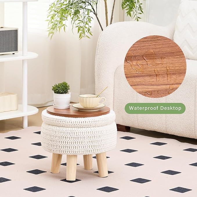 Wimarsbon Pouf Ottoman, 100% Cotton Knitted Boho Footstool, Round Footrest with Non-Skid Wood Legs, Home Décor Handmade Pouffe, Leisure Floor Step Stool for Living Room (Storage Beige)