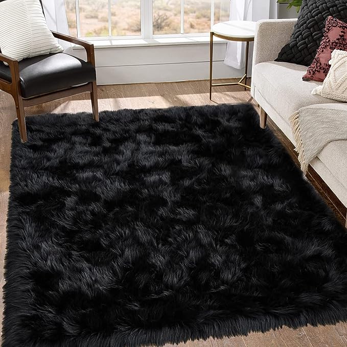 Goolela Black Area Washable Shag Faux Fur Fluffy Plush Rug for Living Room Fuzzy Sheepskin for Bedroom, Rectangle 8x10