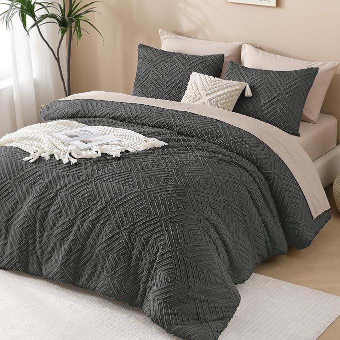 Andency Dark Grey Comforter Set Queen, Gray Lightweight Fluffy Bedding Comforter Sets for Queen Bed, 3 Pieces Tufted Farmhouse Shabby Chic Bed Set for All Seasons (1 Comforter 90x90In, 2 Pillowcases)