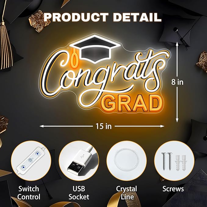 SELICOR Congrats Graduation Neon Sign with Cap - 15" x 8", Adjustable LED Light Up Sign for Prom Party, Photos, Class of 2025 Celebrations, Graduation Gift for Dorm Backdrop Room Decor
