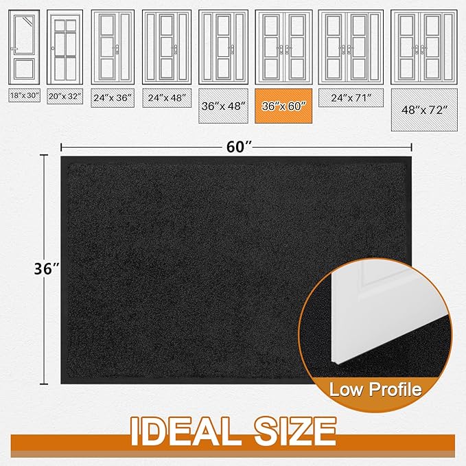 Mibao Dirt Trapper Door Mat for Indoor Outdoor, Waterproof All-Season, All-Weather Doormat, Heavy Duty Non-Slip Entrance Rug, Low Profile Absorbent Entrance Mat Carpet, 60" x 36", Black
