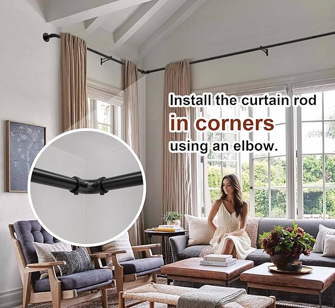 Industrial Curtain Rods for Windows 48 to 84, Wrap Around Blackout Curtain Rod,Heavy Duty Curtain Rods 2 Pack,1 Inch Outdoor Drapery Rods, Rustic Pipe Adjustable Drapery Pole 48-84 Inch,Black