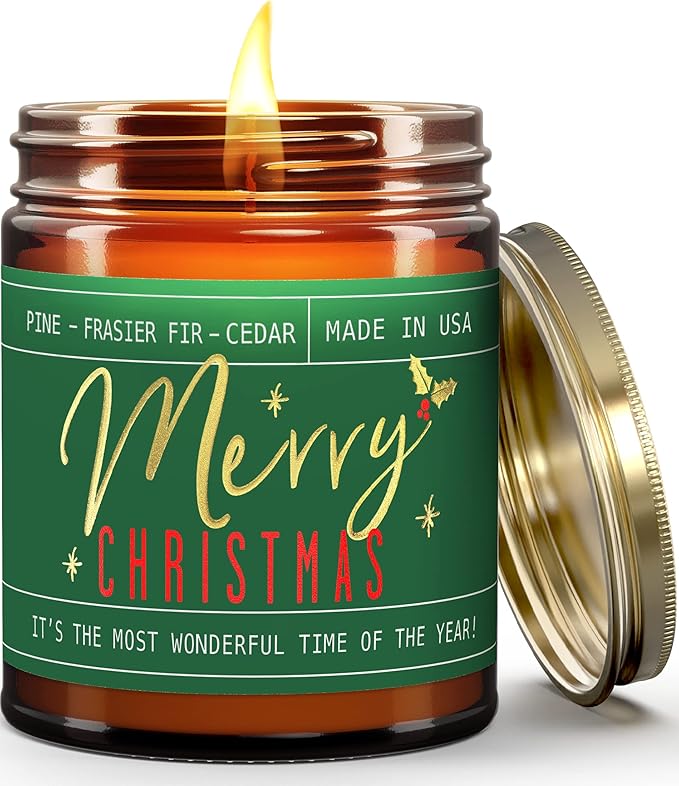 Christmas Candles - 'Merry Christmas' Christmas Scented Holiday Candles, w/Pine, Frasier Fir, Cedar I Christmas Tree Candle I Stocking Stuffers for Women I 9oz, 50Hr, USA Made